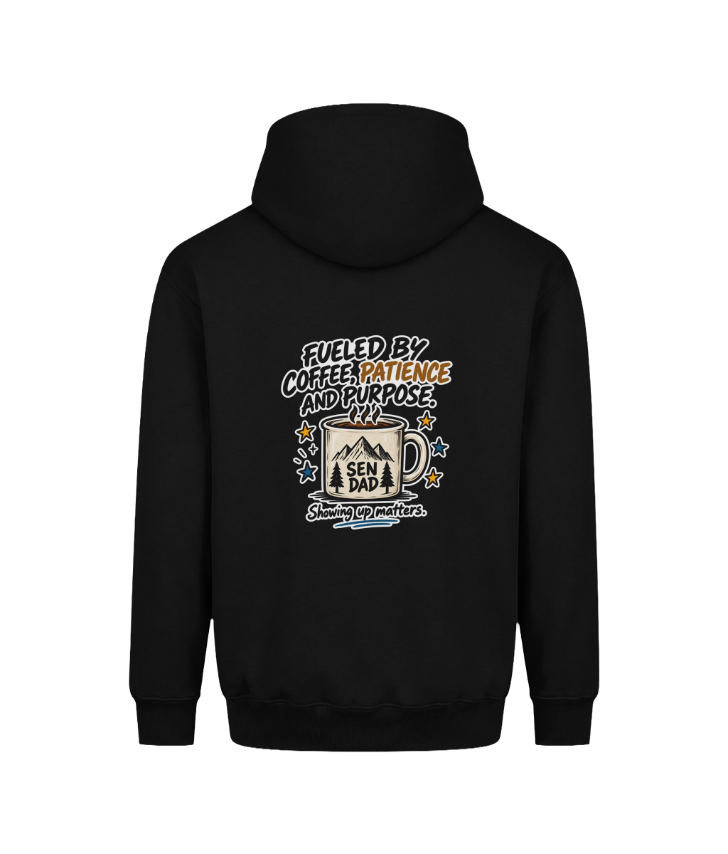 Fueled by Coffee, Patience & Purpose – SEN Dad Hoodie, Deep Black, back view