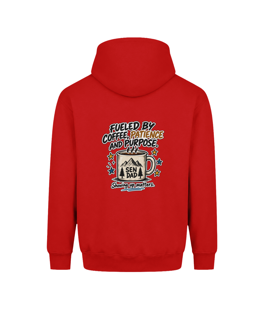 Fueled by Coffee, Patience & Purpose – SEN Dad Hoodie, Fire Red, back view