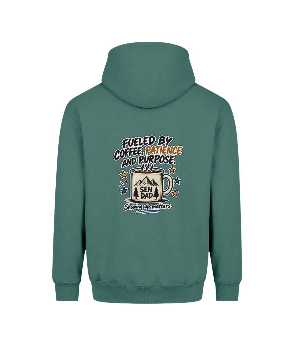 Fueled by Coffee, Patience & Purpose – SEN Dad Hoodie, Moss Green, back view