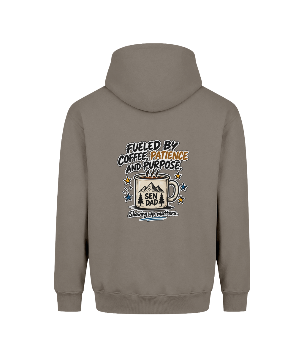 Fueled by Coffee, Patience & Purpose – SEN Dad Hoodie, Natural Clay, back view