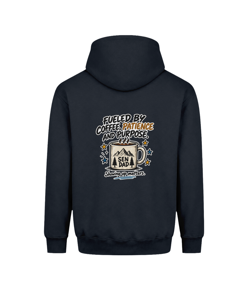 Fueled by Coffee, Patience & Purpose – SEN Dad Hoodie, New French Navy, back view