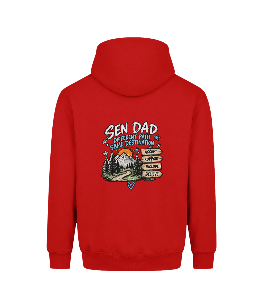 Different Path, Same Destination – SEN Dad Hoodie, Fire Red, back view