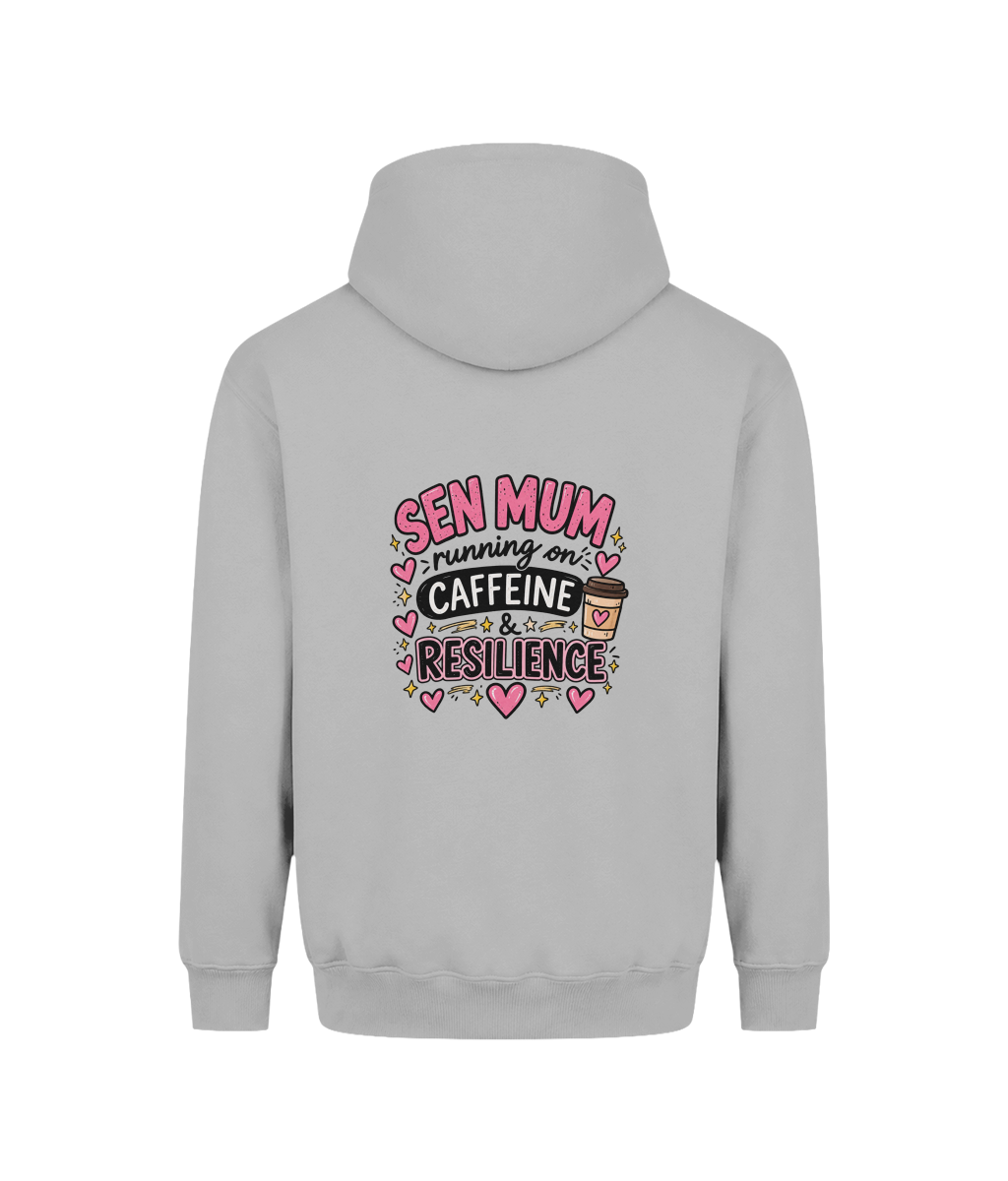Running on Caffeine and Resilience SEN Mum hoodie — DTF back print, Heather Grey