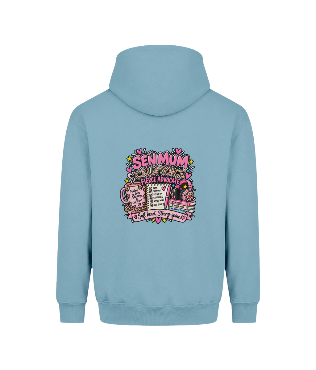 Calm Voice, Fierce Advocate SEN Mum hoodie — DTF back print, Ice Blue