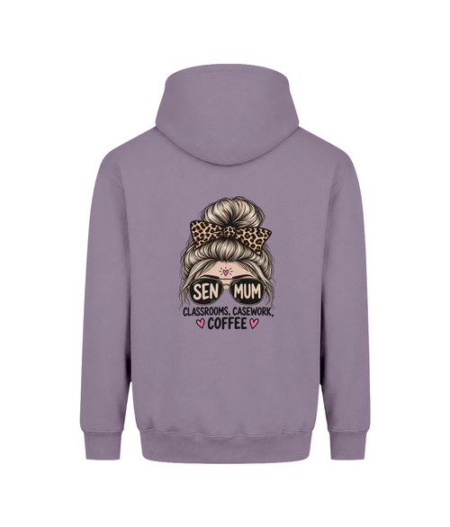 Classroom, Casework, Coffee SEN Mum hoodie — DTF back print, Dusty Lilac