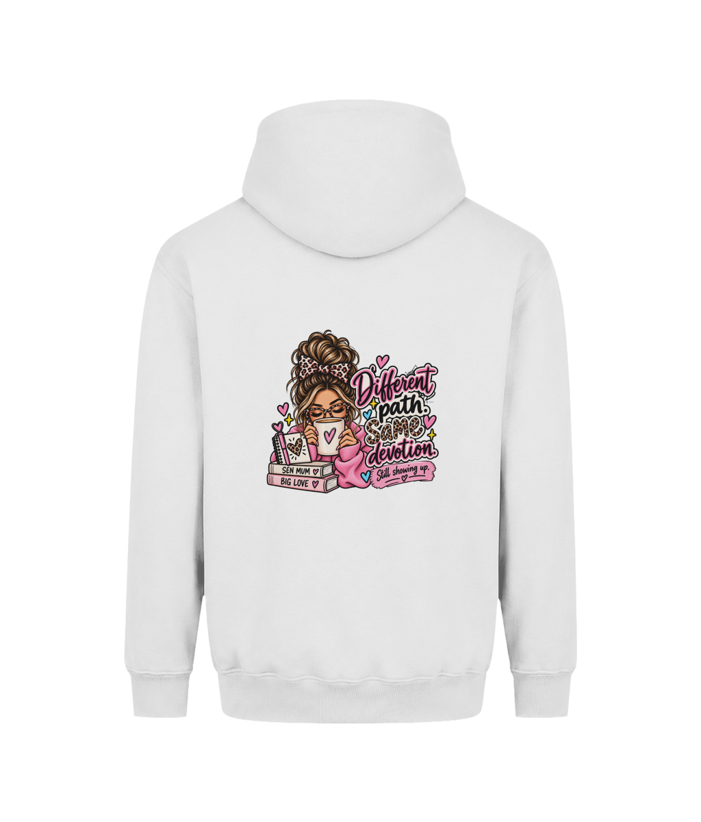 Different Path, Same Devotion SEN Mum hoodie — DTF back print, Arctic White