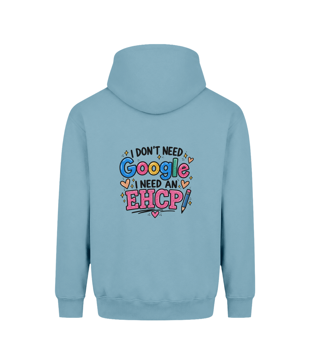 I Don't Need Google, I Need an EHCP SEN Mum hoodie — DTF back print, Ice Blue