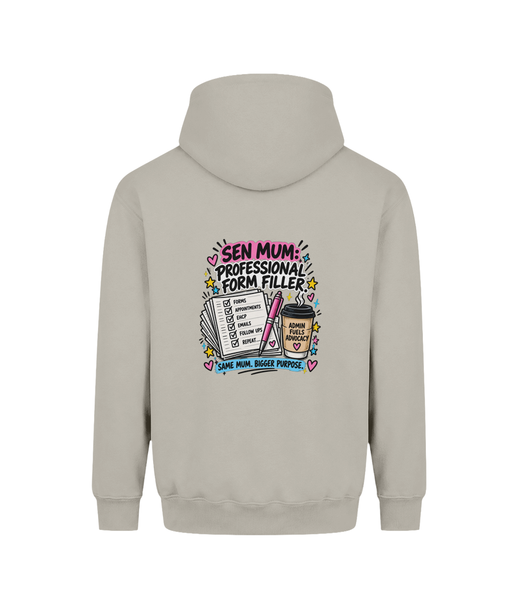 Professional Form Filler SEN Mum hoodie — DTF back print, Natural Stone