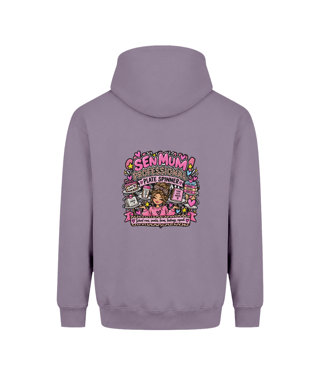 Professional Plate Spinner SEN Mum hoodie — DTF back print, Dusty Lilac