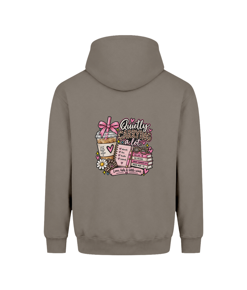 Quietly Carrying a Lot SEN Mum hoodie — DTF back print, Natural Clay