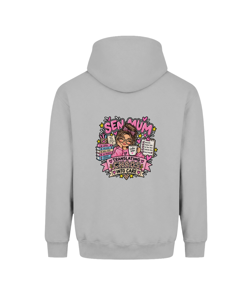 Translating Chaos into Care SEN Mum hoodie — DTF back print, Heather Grey